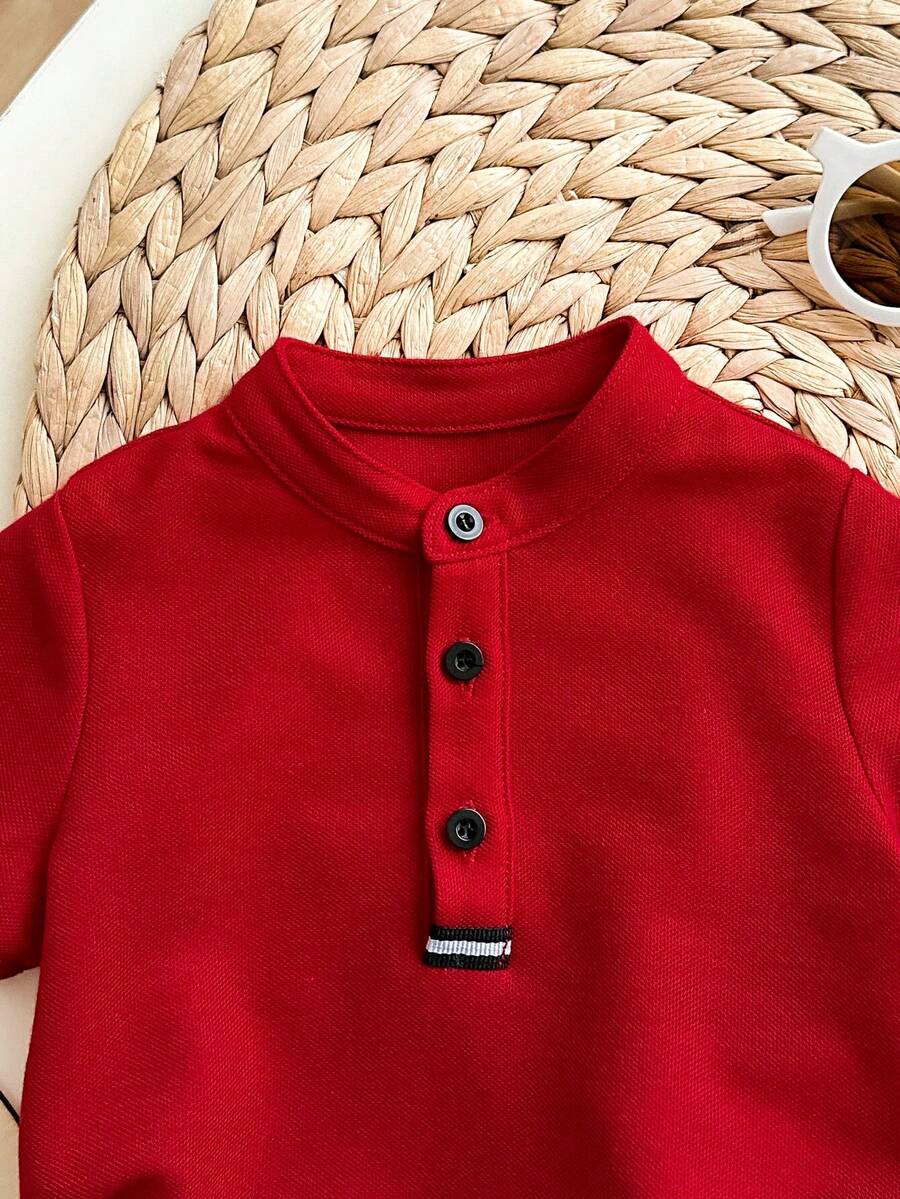 Newborn Baby Boy Cute Collegiate Style Knit Red Short Sleeve Top And Elastic Waist Shorts Set