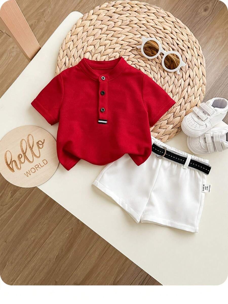 Newborn Baby Boy Cute Collegiate Style Knit Red Short Sleeve Top And Elastic Waist Shorts Set