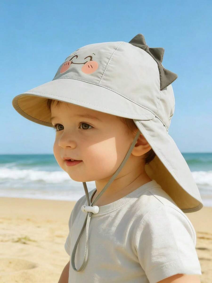 1pc Cartoon Bear Print Sun Protection Bucket Hat with Cape for Kids Outdoor Wear