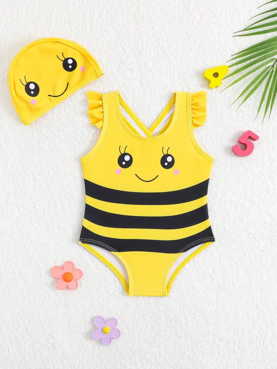 Baby Girl Duck Print Bow One Piece Swimsuit