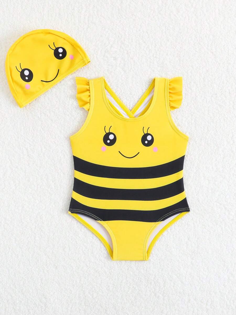 Baby Girl Duck Print Bow One Piece Swimsuit