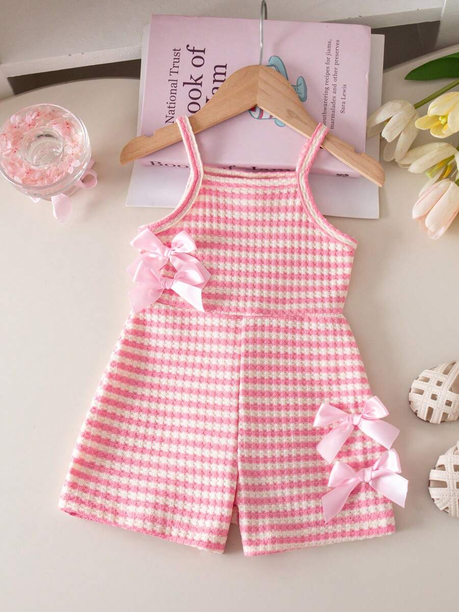 Cute Baby Girl Sleeveless Ribbed Short Jumpsuit With Bow Detail Casual Summer Wear