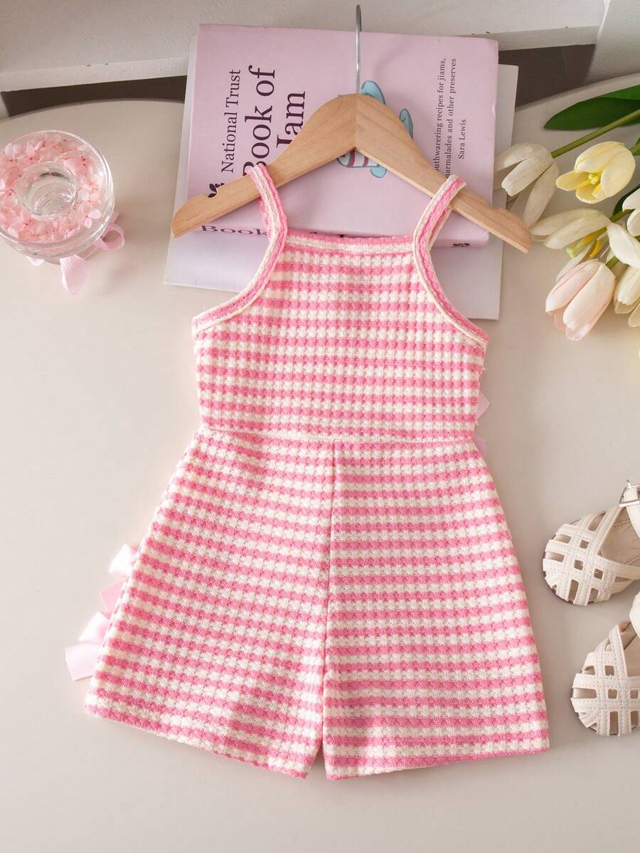 Cute Baby Girl Sleeveless Ribbed Short Jumpsuit With Bow Detail Casual Summer Wear