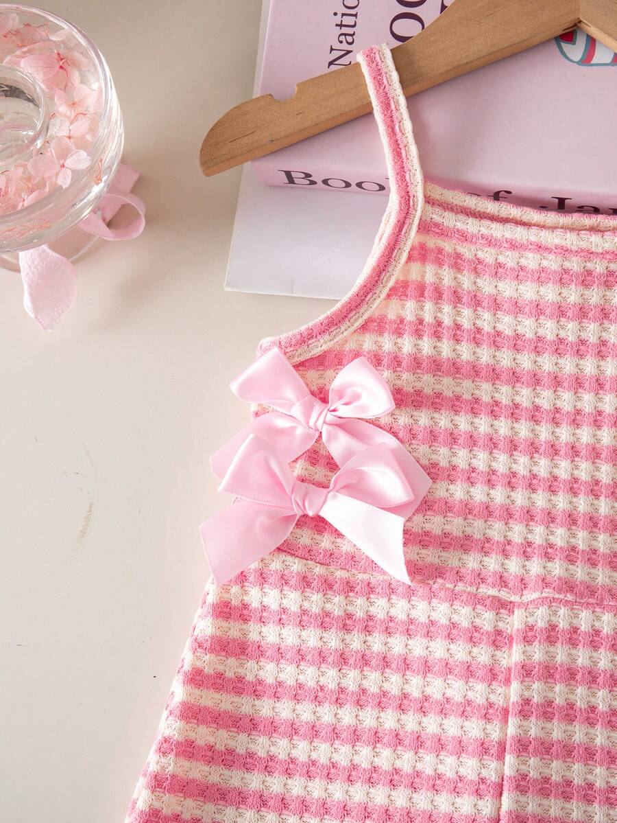 Cute Baby Girl Sleeveless Ribbed Short Jumpsuit With Bow Detail Casual Summer Wear