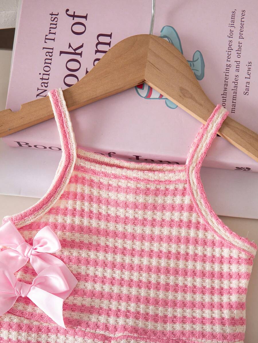 Cute Baby Girl Sleeveless Ribbed Short Jumpsuit With Bow Detail Casual Summer Wear