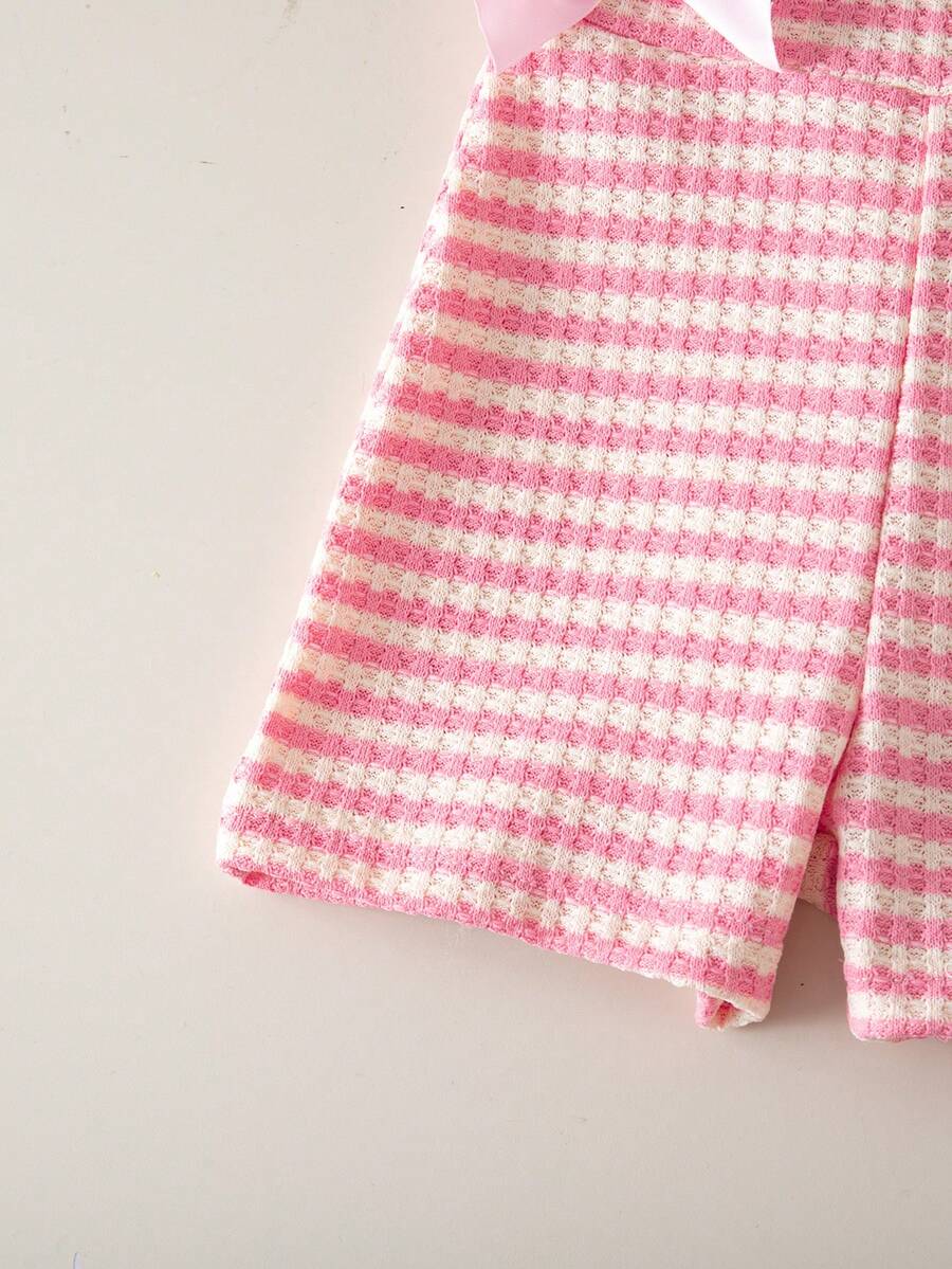 Cute Baby Girl Sleeveless Ribbed Short Jumpsuit With Bow Detail Casual Summer Wear