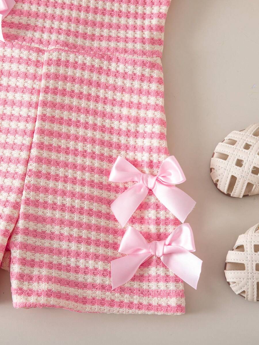 Cute Baby Girl Sleeveless Ribbed Short Jumpsuit With Bow Detail Casual Summer Wear