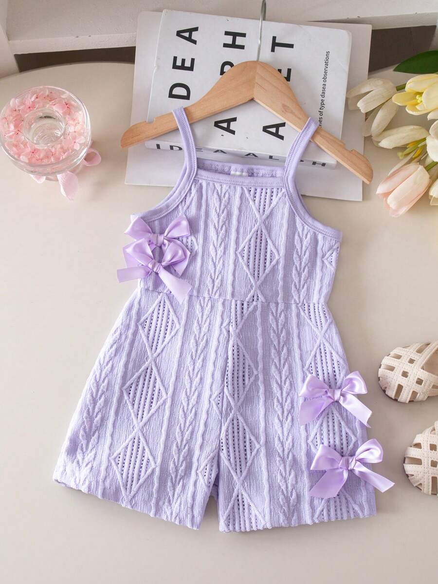 Cute Baby Girl Sleeveless Ribbed Short Jumpsuit With Bow Detail Casual Summer Wear