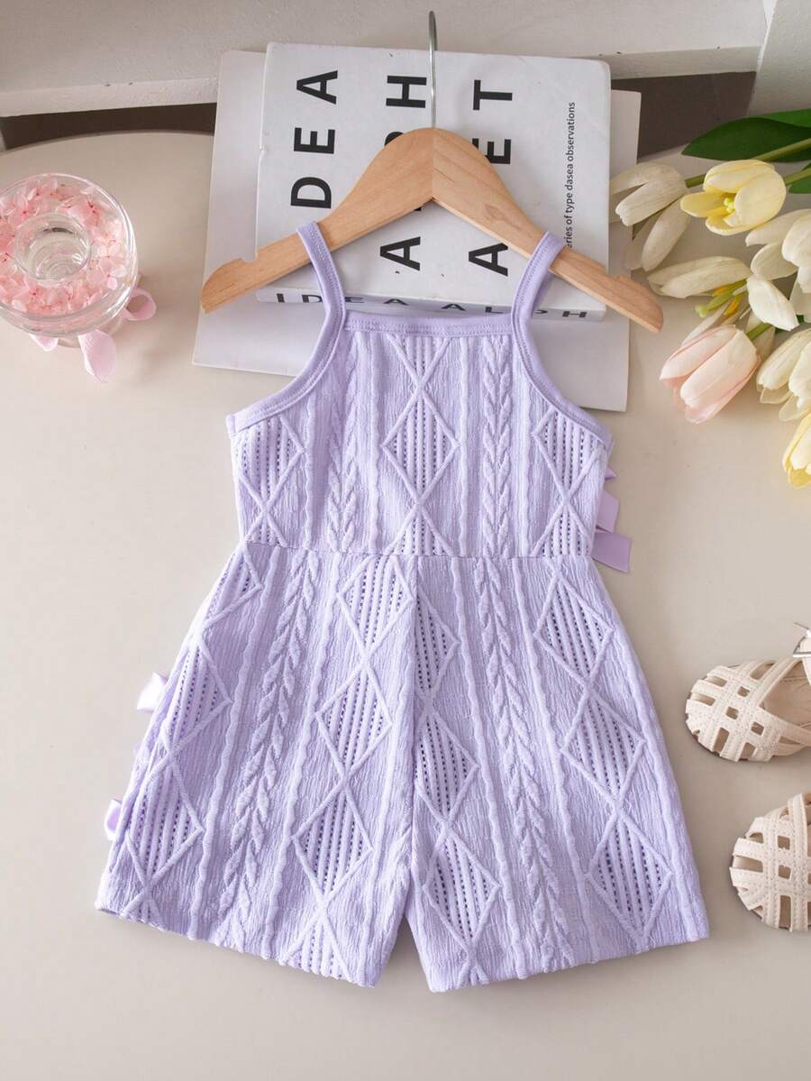Cute Baby Girl Sleeveless Ribbed Short Jumpsuit With Bow Detail Casual Summer Wear
