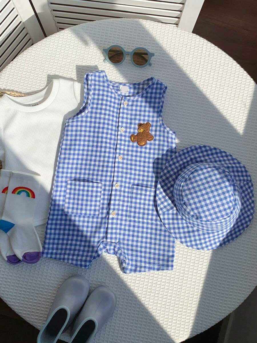 Unisex Baby Green White Striped Sleeveless Jumpsuit and Bucket Hat 2 Piece Summer Vacation Outfit Set