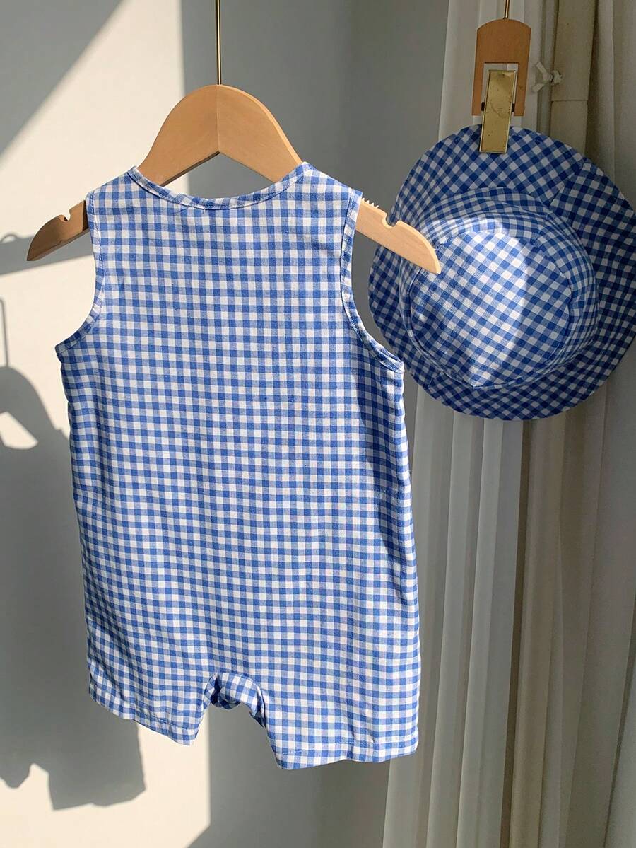 Unisex Baby Green White Striped Sleeveless Jumpsuit and Bucket Hat 2 Piece Summer Vacation Outfit Set