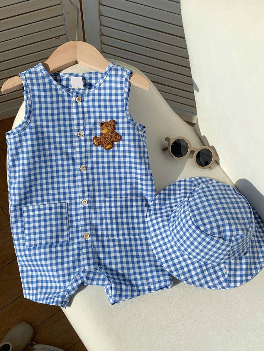 Unisex Baby Green White Striped Sleeveless Jumpsuit and Bucket Hat 2 Piece Summer Vacation Outfit Set