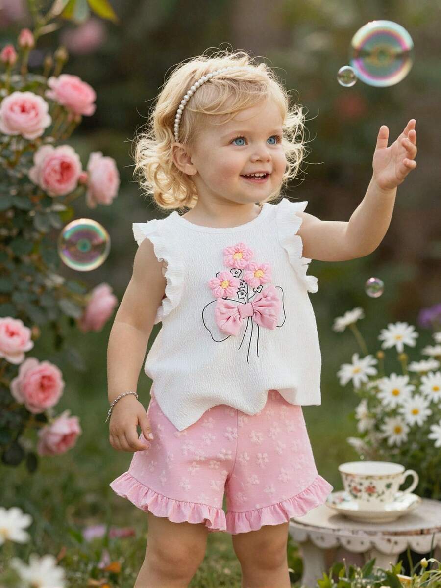 Cute Two Piece Summer Clothing Set For Little Girls Jacquard Style