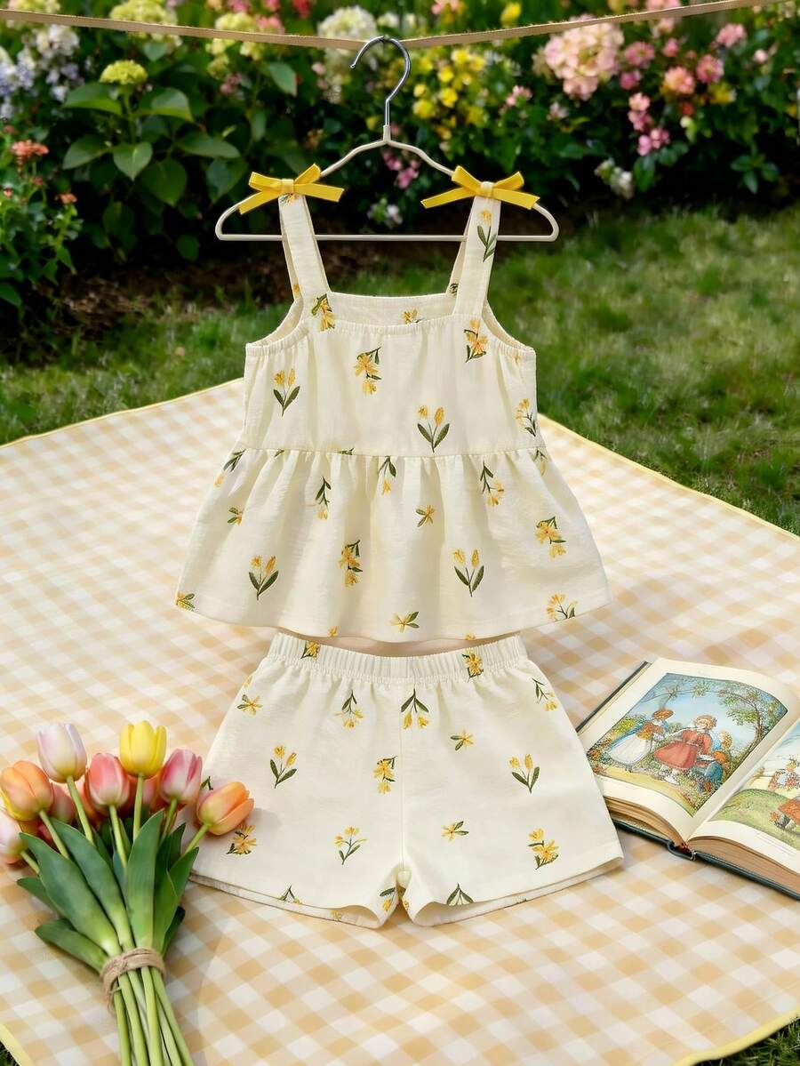 Cute Camisole And Shorts Set For Toddler Girls With Stripe Bow Detail