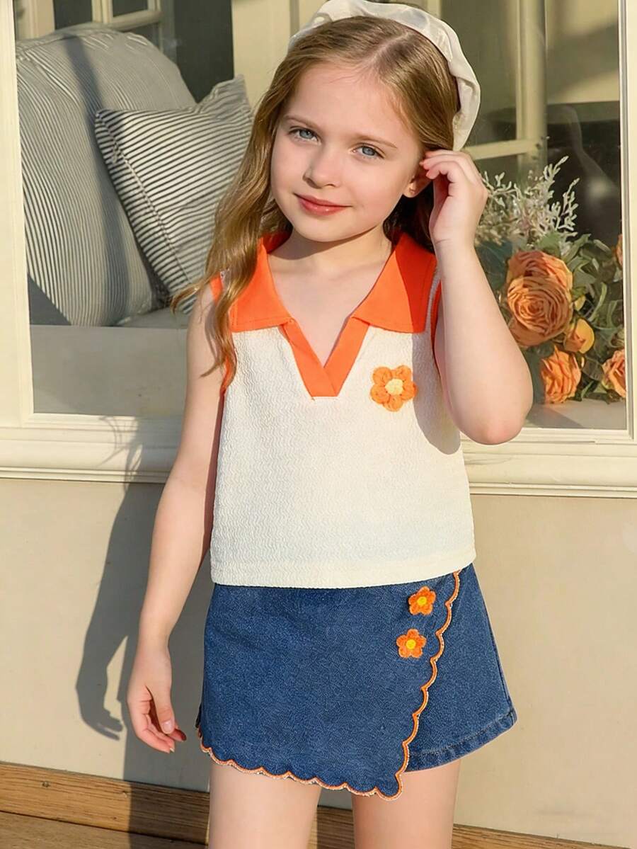 Toddler Girls Textured Knit Vest Top And Denim Skort Flower Embroidered Summer Outfit Set