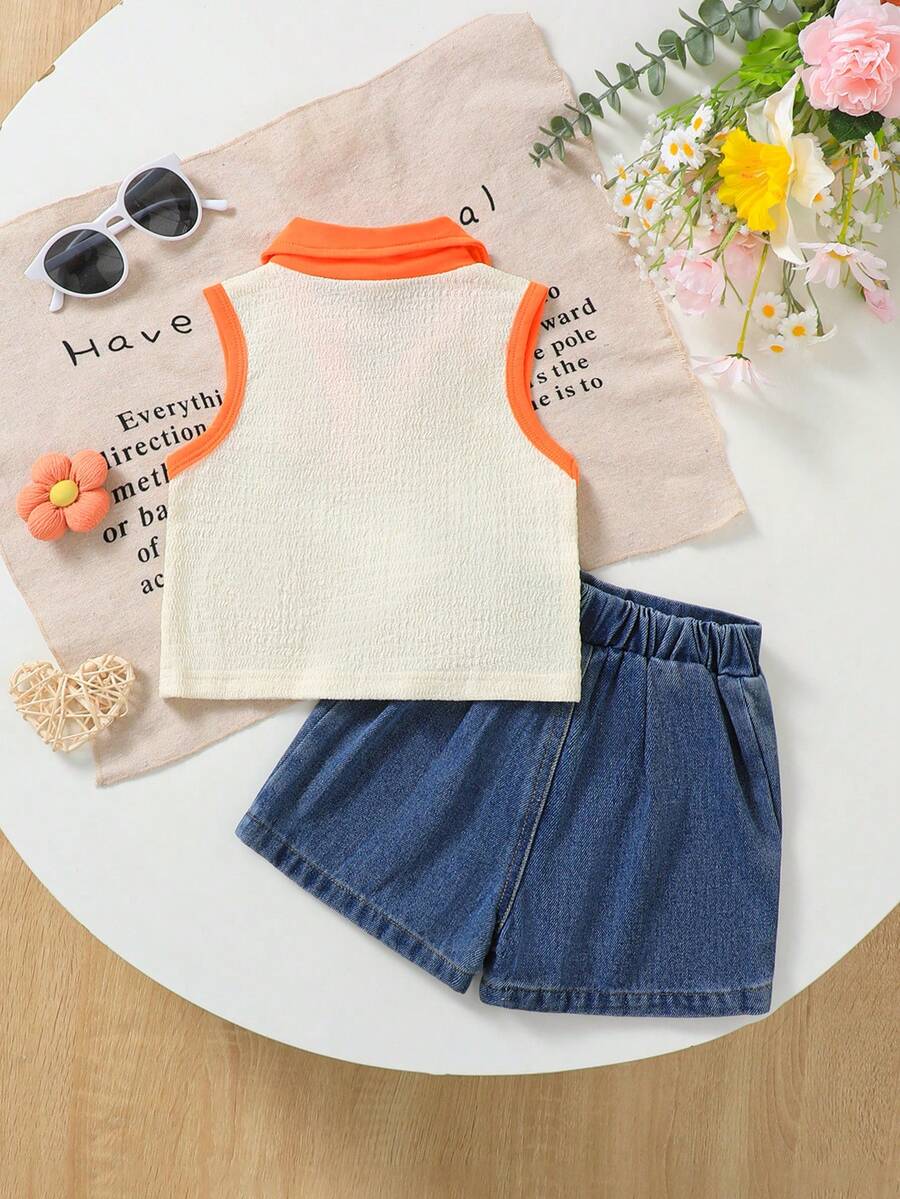 Toddler Girls Textured Knit Vest Top And Denim Skort Flower Embroidered Summer Outfit Set