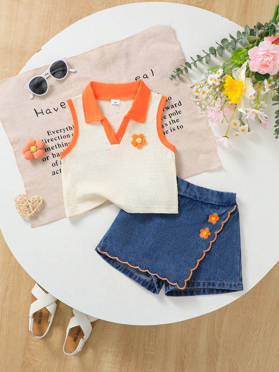 Toddler Girls Textured Knit Vest Top And Denim Skort Flower Embroidered Summer Outfit Set