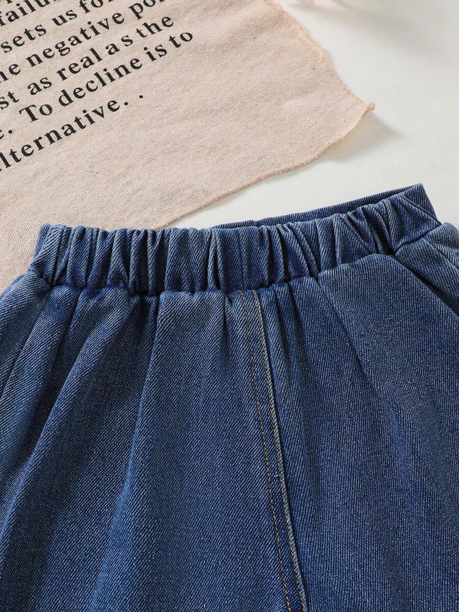 Toddler Girls Textured Knit Vest Top And Denim Skort Flower Embroidered Summer Outfit Set