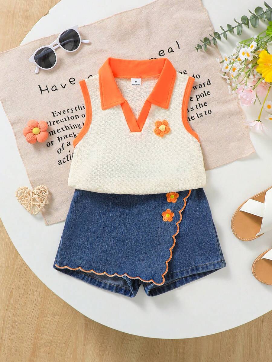 Toddler Girls Textured Knit Vest Top And Denim Skort Flower Embroidered Summer Outfit Set