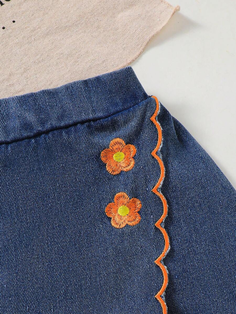 Toddler Girls Textured Knit Vest Top And Denim Skort Flower Embroidered Summer Outfit Set