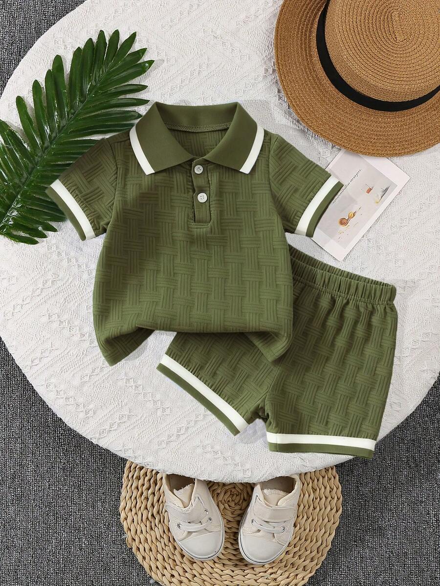 Stylish Baby Boy Solid Color Jacquard Top and Matching Shorts Summer Set