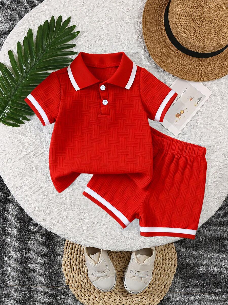 Stylish Baby Boy Solid Color Jacquard Top and Matching Shorts Summer Set