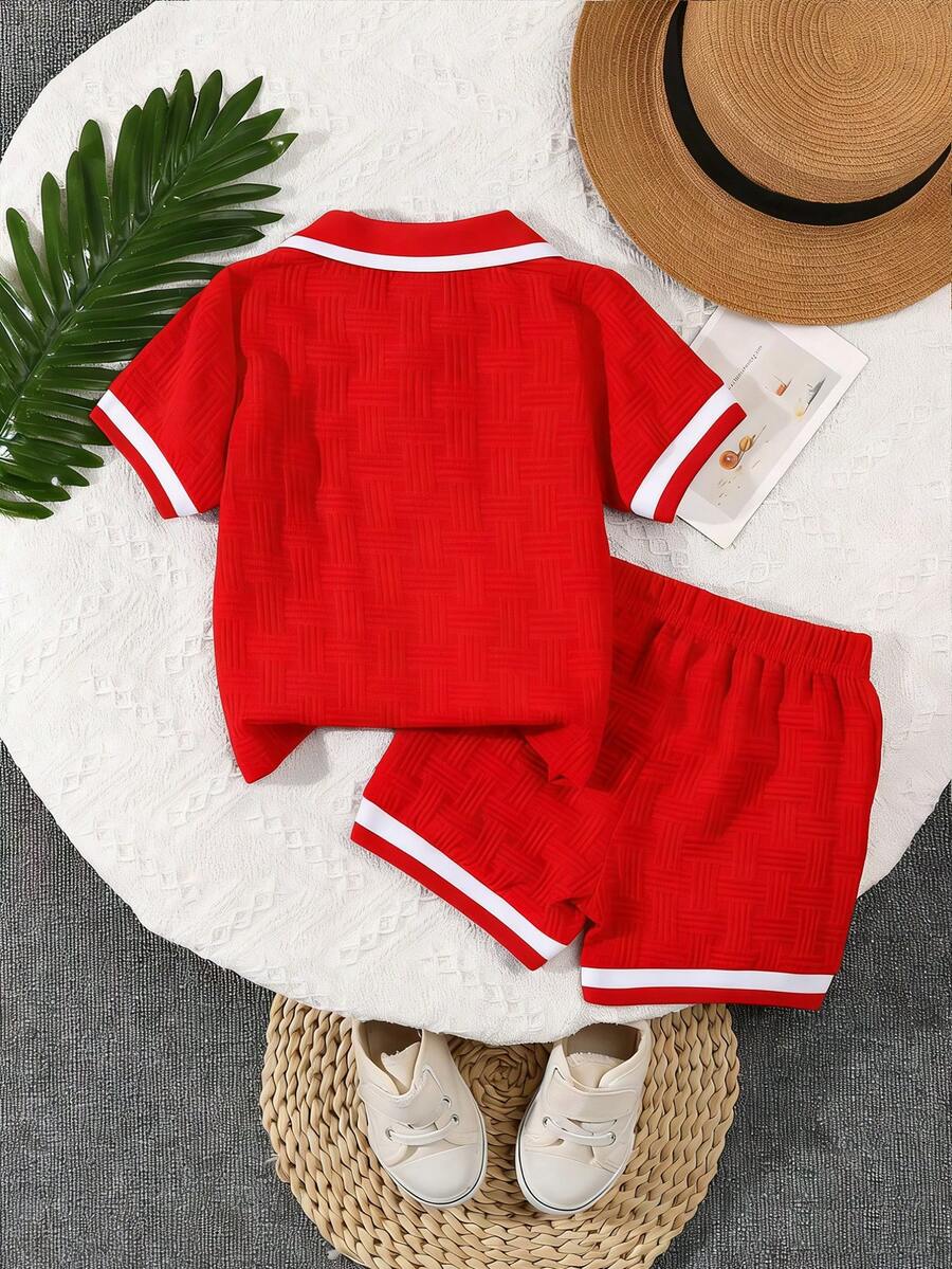 Stylish Baby Boy Solid Color Jacquard Top and Matching Shorts Summer Set