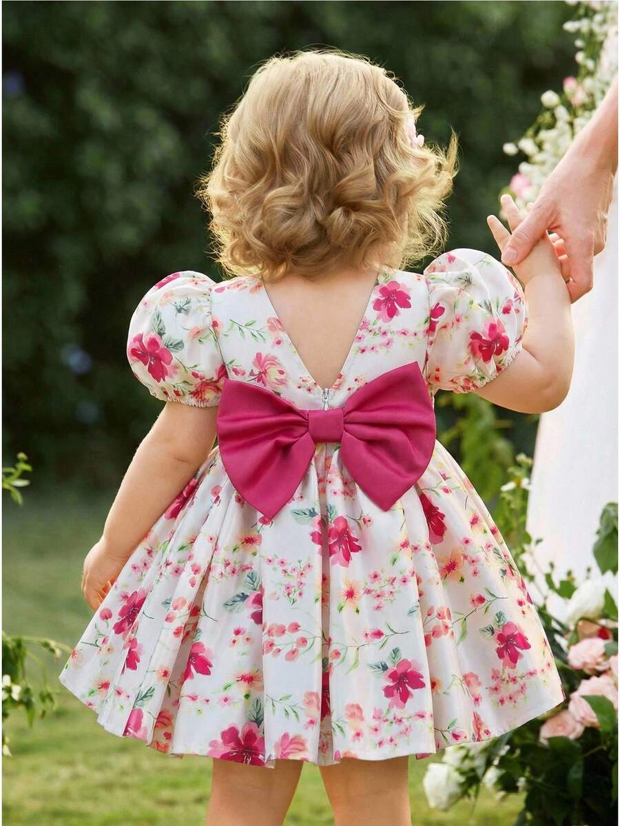 Pink Floral Mesh Embroidered Short Sleeve Dress for Baby Girls