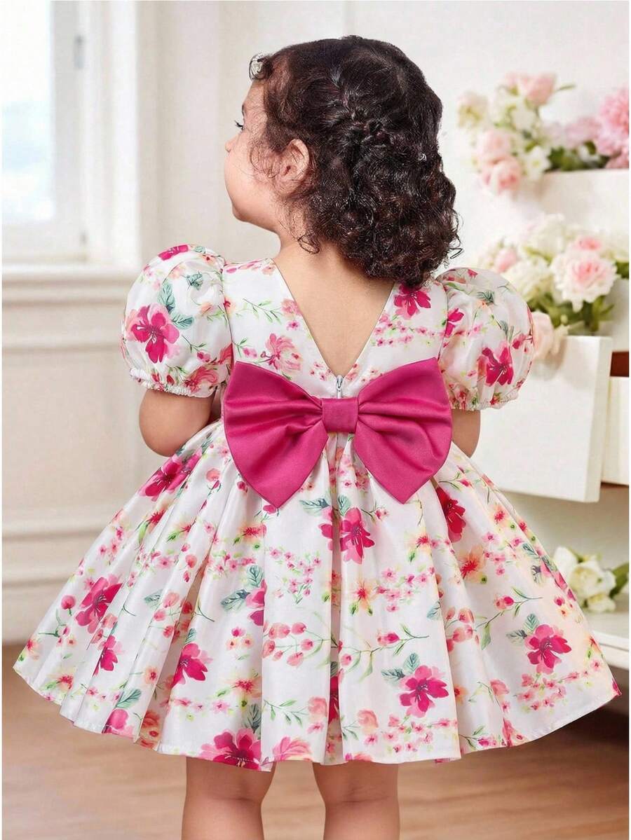 Pink Floral Mesh Embroidered Short Sleeve Dress for Baby Girls