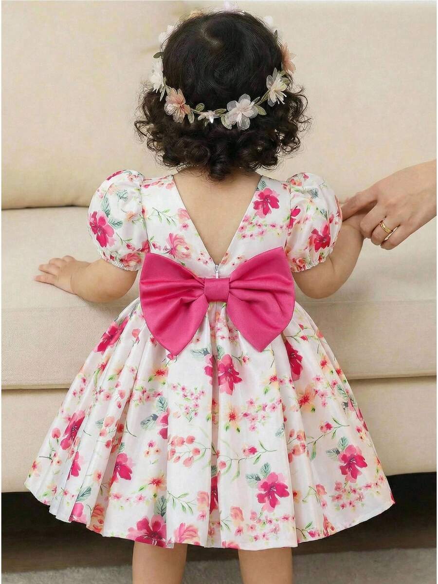 Pink Floral Mesh Embroidered Short Sleeve Dress for Baby Girls
