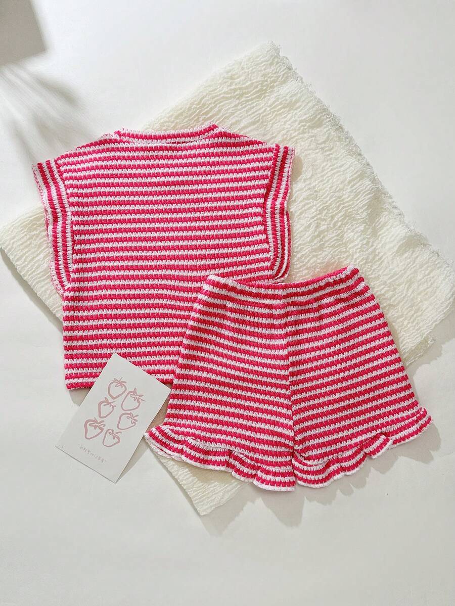 Baby Girl Black & White Striped Ruffle Sleeve T-Shirt & Shorts Set