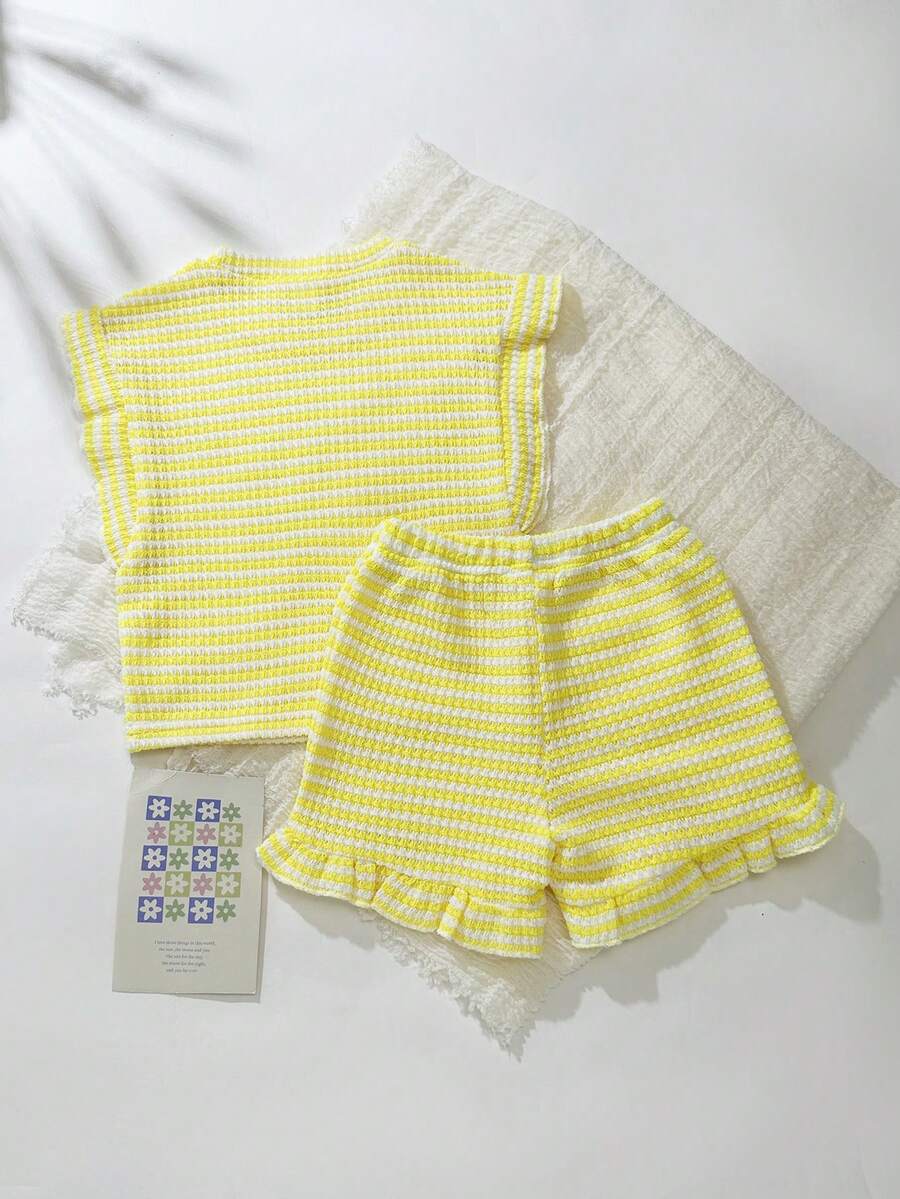 Baby Girl Black & White Striped Ruffle Sleeve T-Shirt & Shorts Set