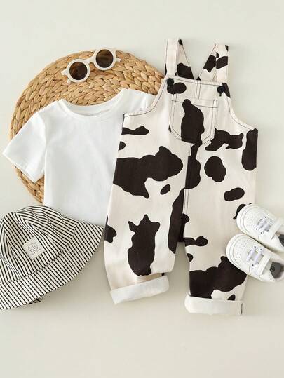 Unisex Baby Cow Print Denim Bib Pants Romper Casual Spring Summer Outfit Set