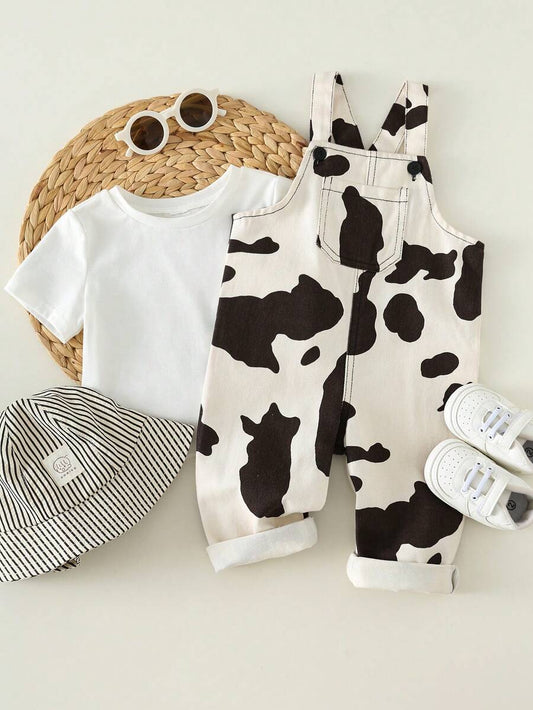 Unisex Baby Cow Print Denim Bib Pants Romper Casual Spring Summer Outfit Set