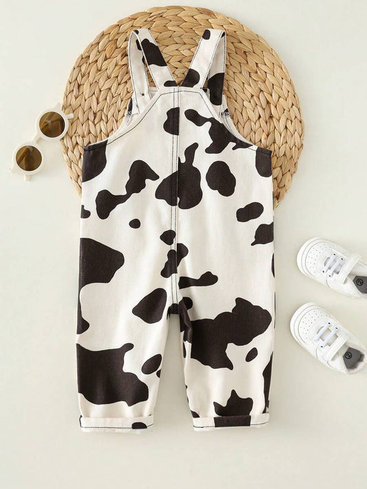 Unisex Baby Cow Print Denim Bib Pants Romper Casual Spring Summer Outfit Set