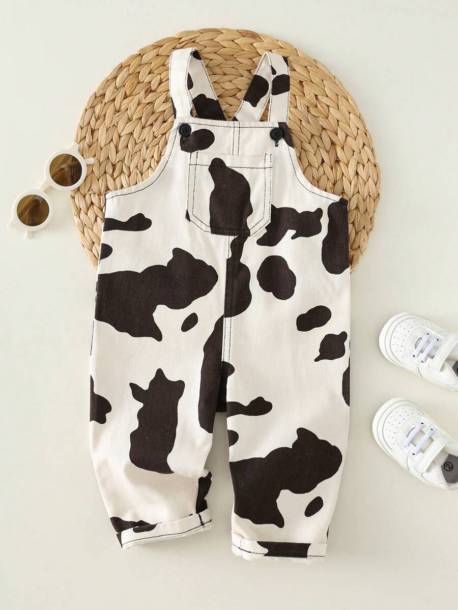 Unisex Baby Cow Print Denim Bib Pants Romper Casual Spring Summer Outfit Set