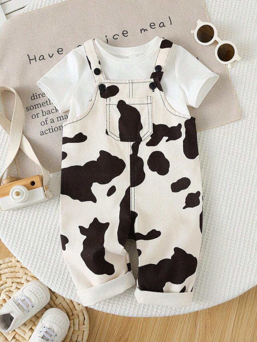 Unisex Baby Cow Print Denim Bib Pants Romper Casual Spring Summer Outfit Set