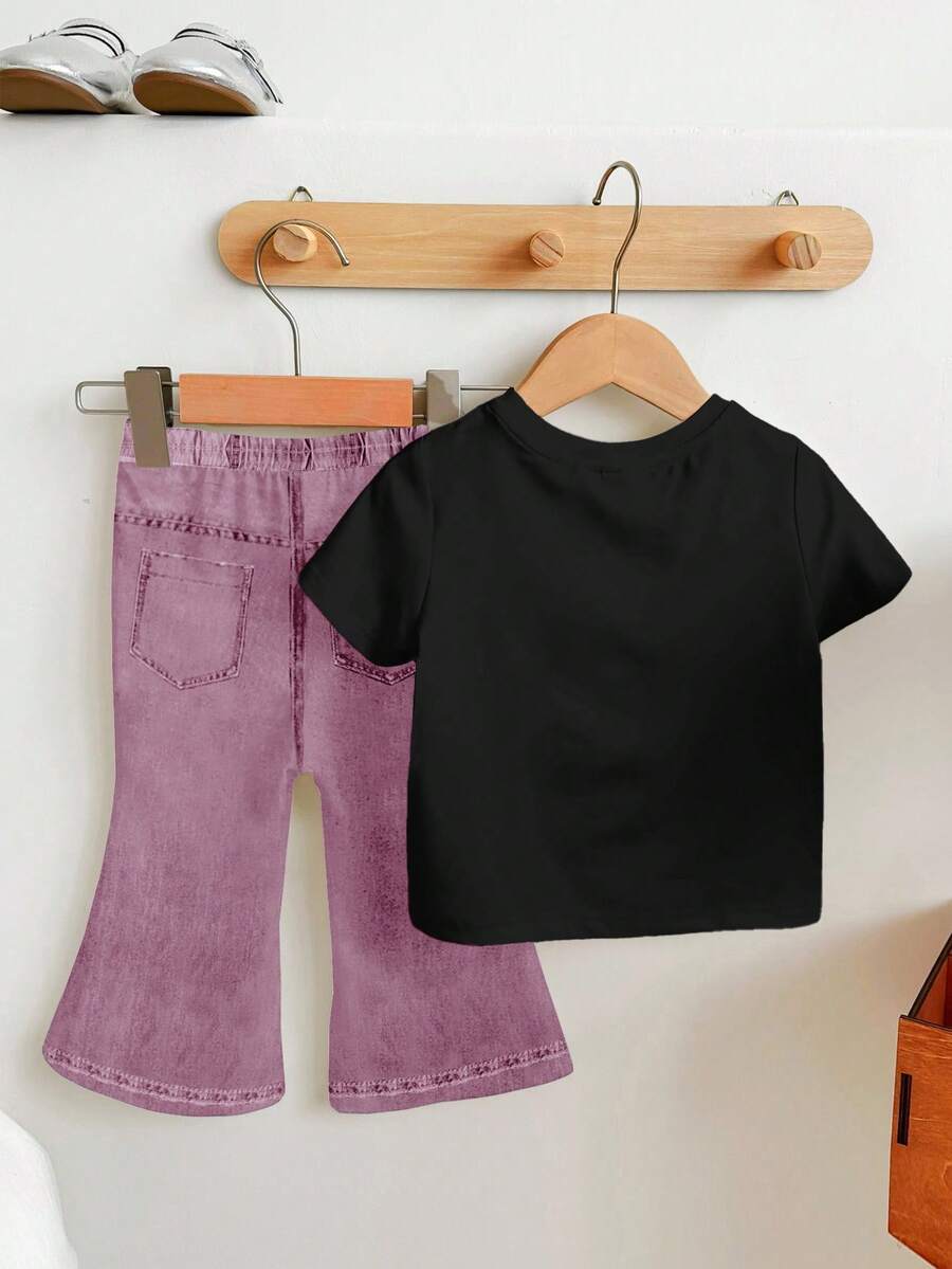 Soft Round Neck Short Sleeve Top and Flexible Flare Leg Trousers Casual Spring Summer Clothes Set for Girls