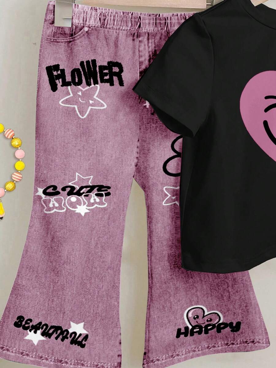 Soft Round Neck Short Sleeve Top and Flexible Flare Leg Trousers Casual Spring Summer Clothes Set for Girls
