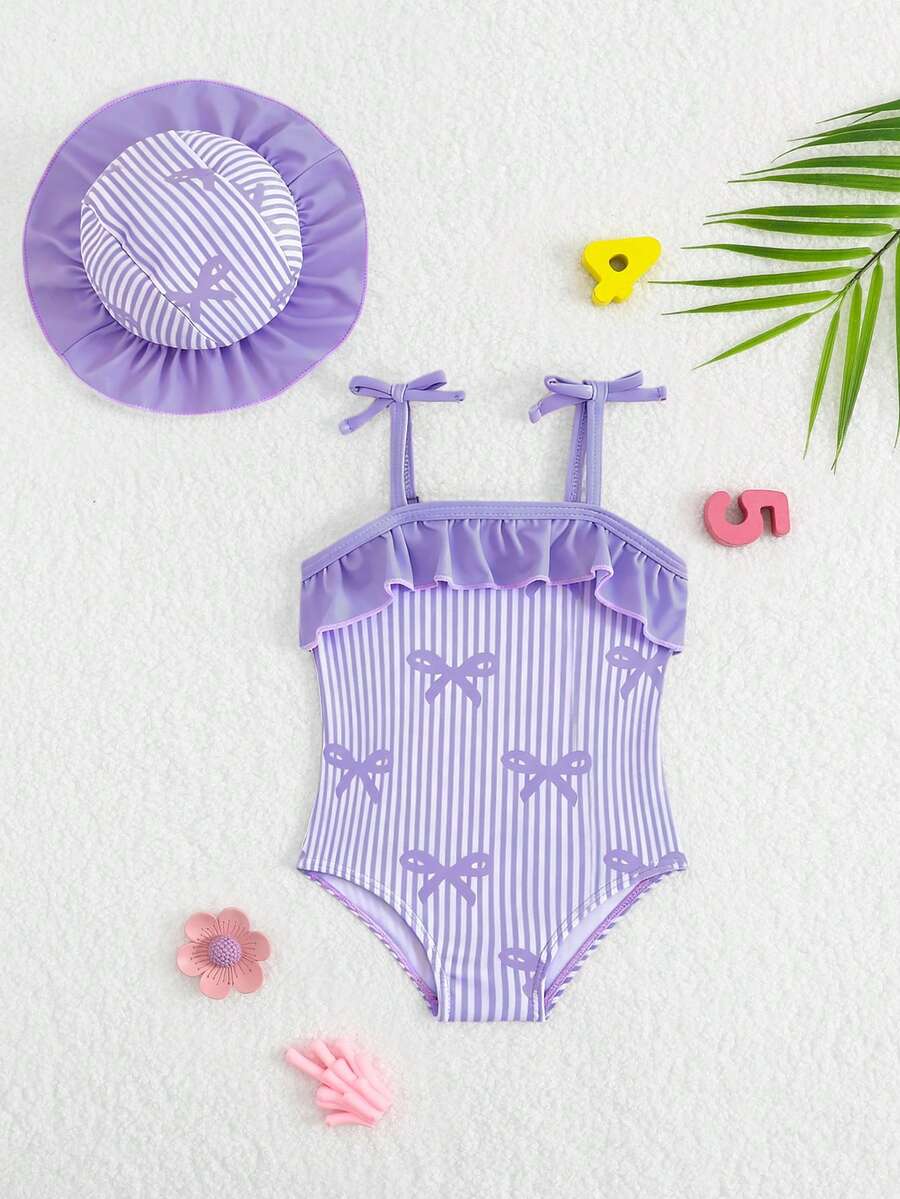 Baby Bow Print Two-Piece Swimsuit Set with Adjustable Straps and Matching Hat