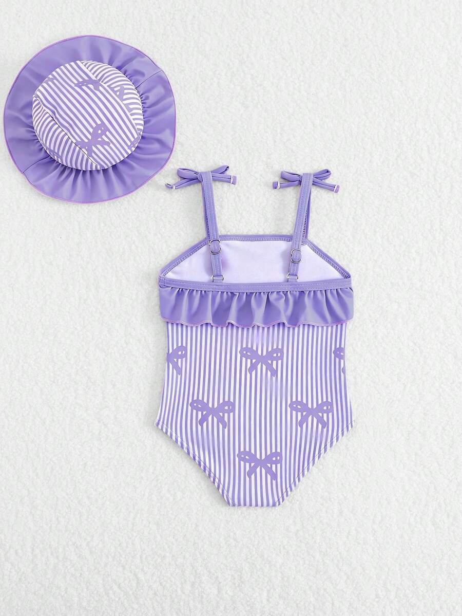 Baby Bow Print Two-Piece Swimsuit Set with Adjustable Straps and Matching Hat