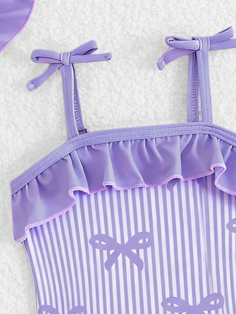 Baby Bow Print Two-Piece Swimsuit Set with Adjustable Straps and Matching Hat