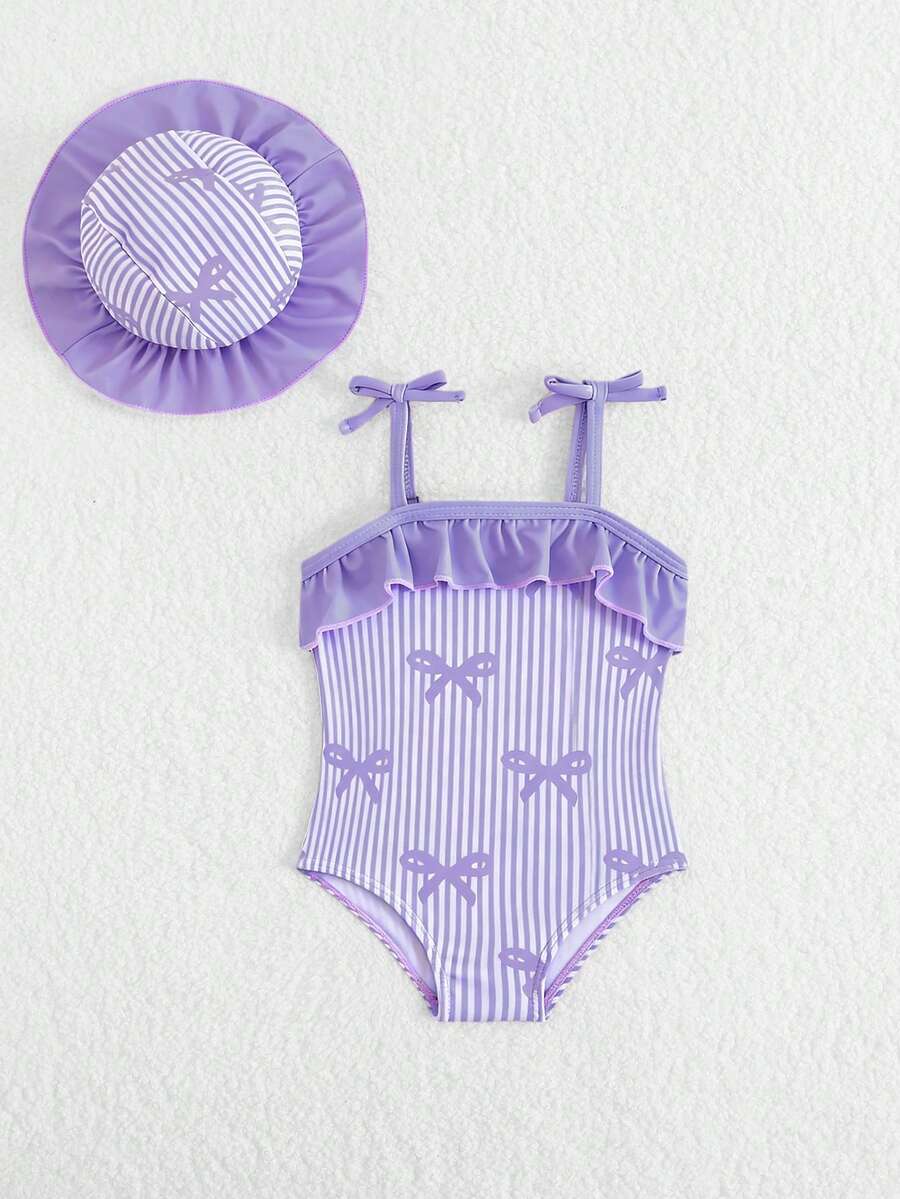 Baby Bow Print Two-Piece Swimsuit Set with Adjustable Straps and Matching Hat