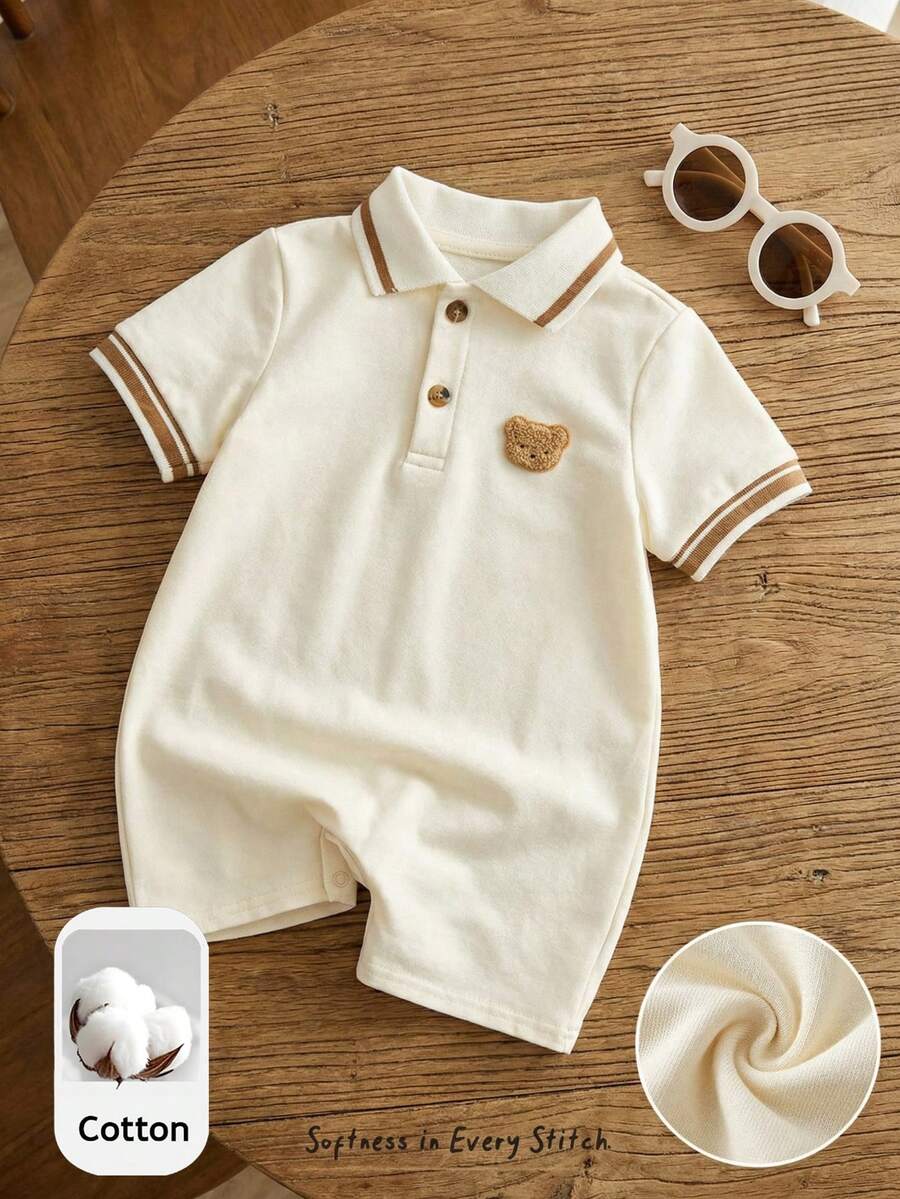 Unisex Newborn Baby Contrast Color Jacquard Polo Collar Half Zip Short Sleeve Jumpsuit Summer Outfit