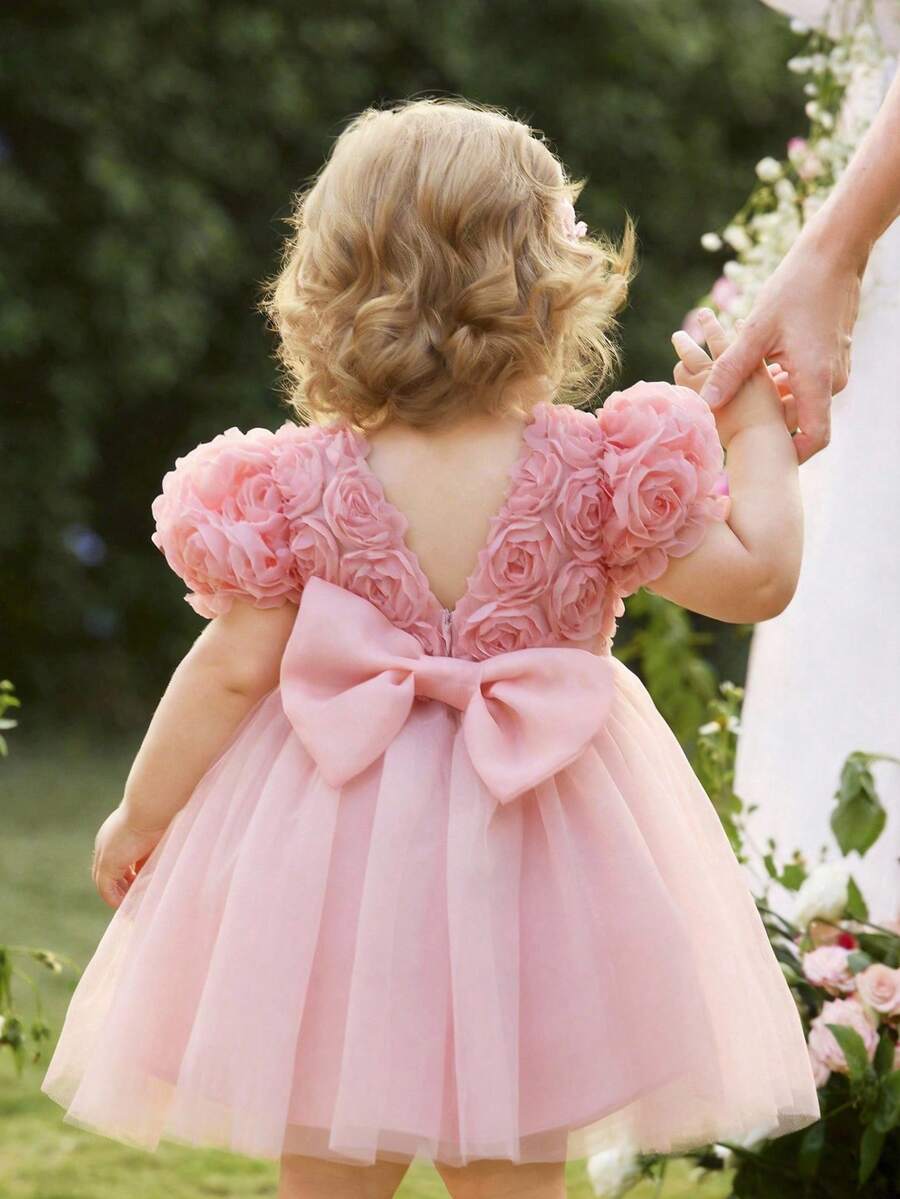 Pink Floral Mesh Embroidered Short Sleeve Dress for Baby Girls