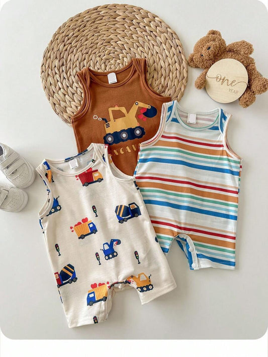 Unisex Newborn Baby Cartoon and Stripe Print Romper 3 Piece Summer Outfit Set