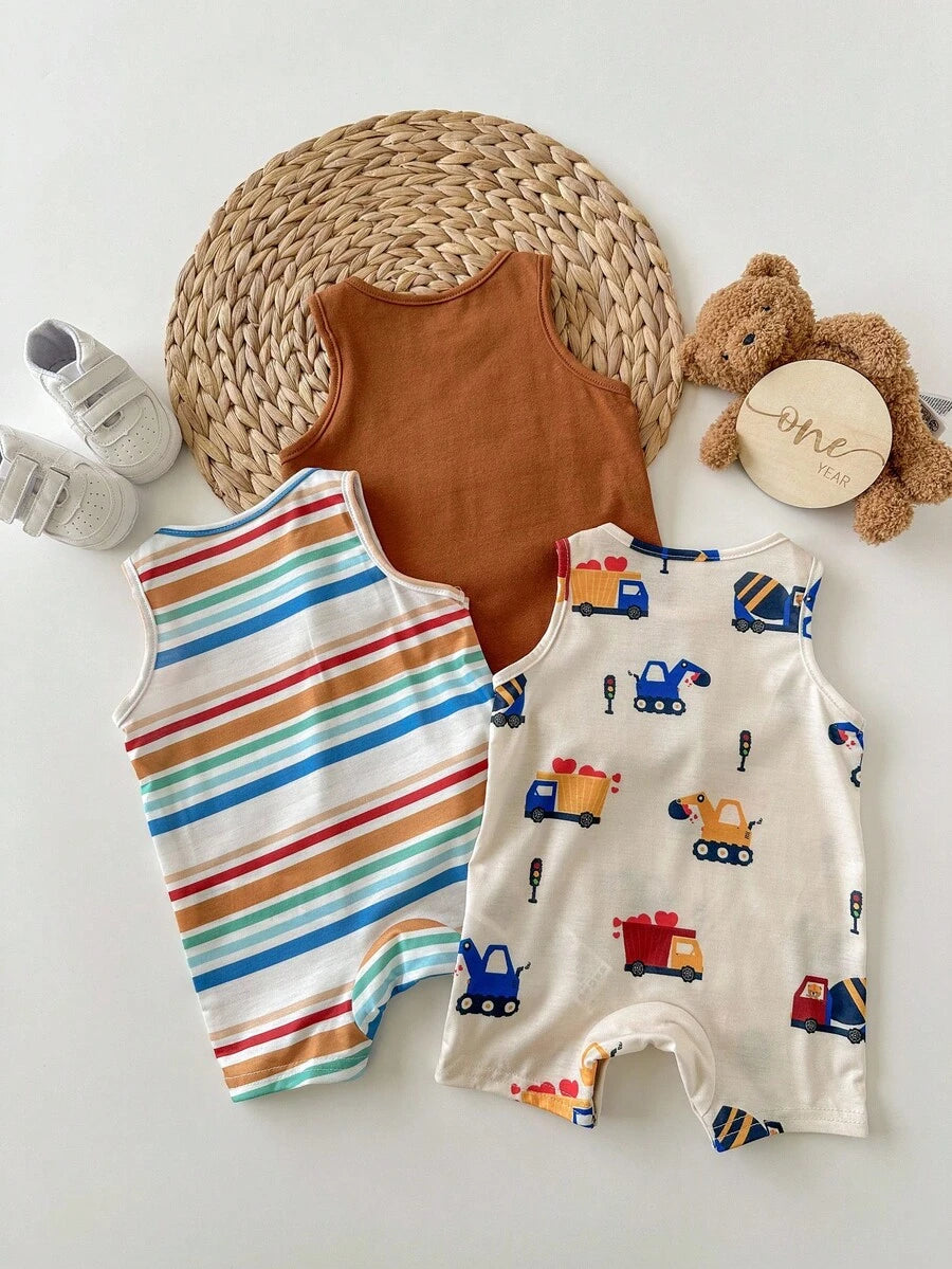 Unisex Newborn Baby Cartoon and Stripe Print Romper 3 Piece Summer Outfit Set