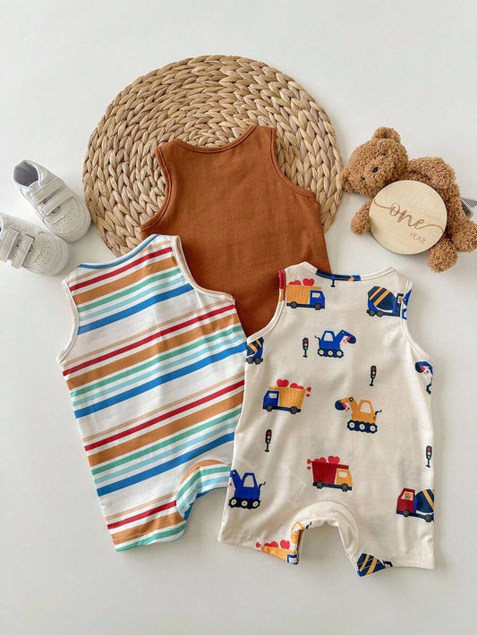 Unisex Newborn Baby Cartoon and Stripe Print Romper 3 Piece Summer Outfit Set