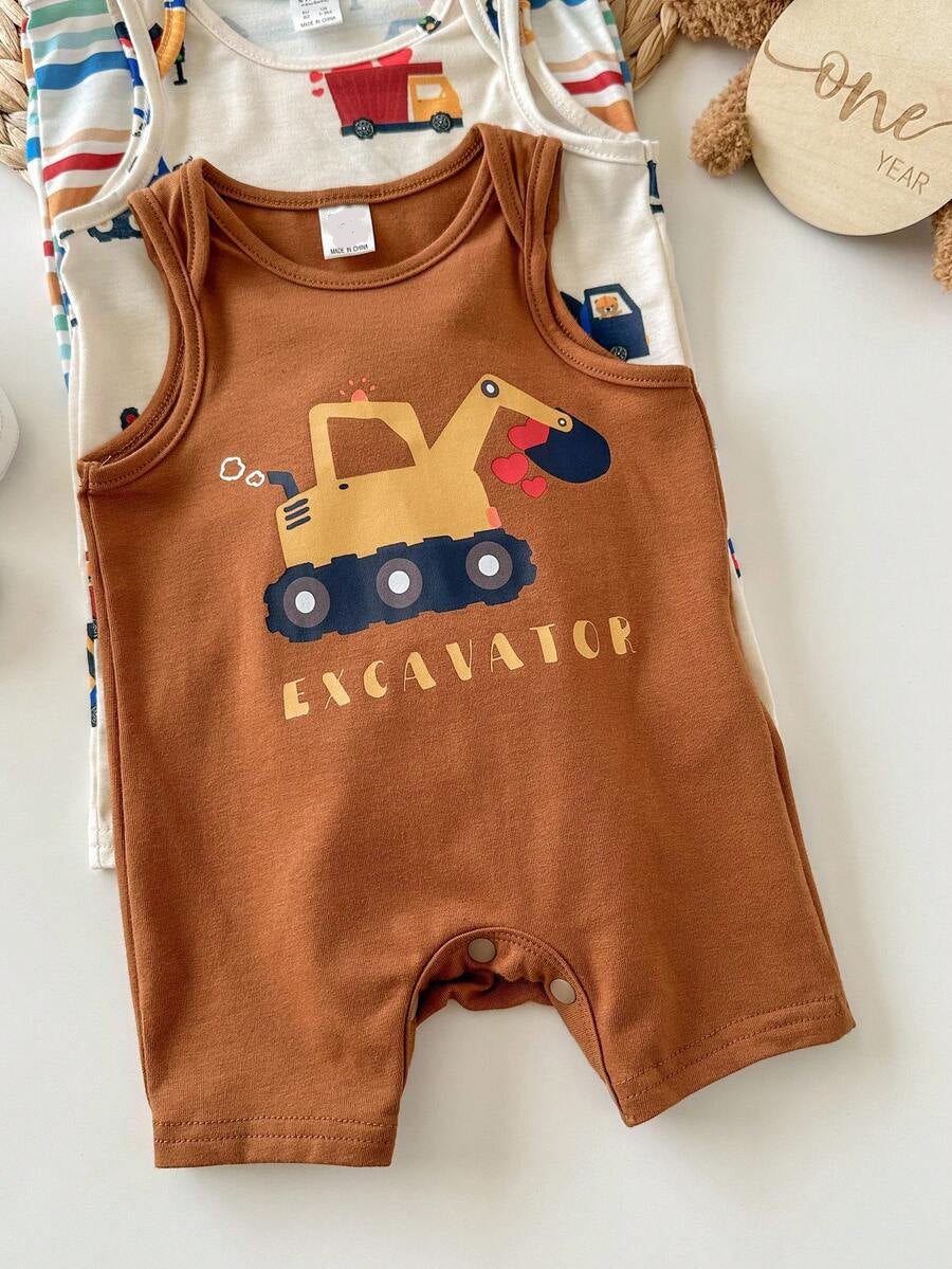 Unisex Newborn Baby Cartoon and Stripe Print Romper 3 Piece Summer Outfit Set