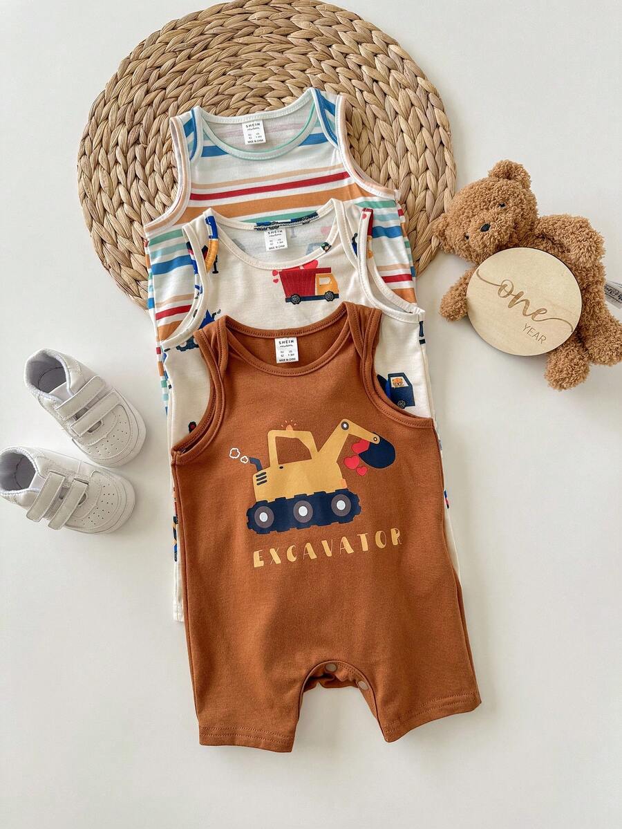 Unisex Newborn Baby Cartoon and Stripe Print Romper 3 Piece Summer Outfit Set